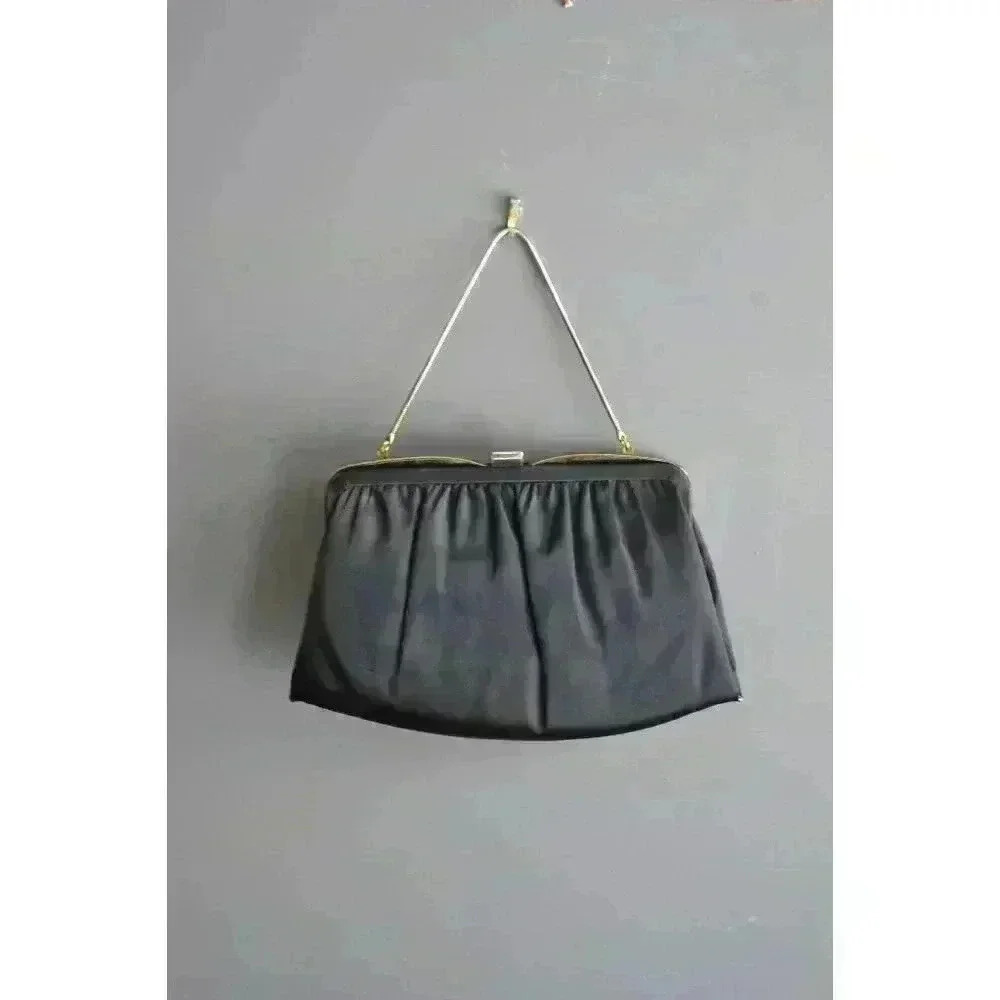 Black Ande Satin Clutch | vintage evening handbag purse metal chain‎ mid century